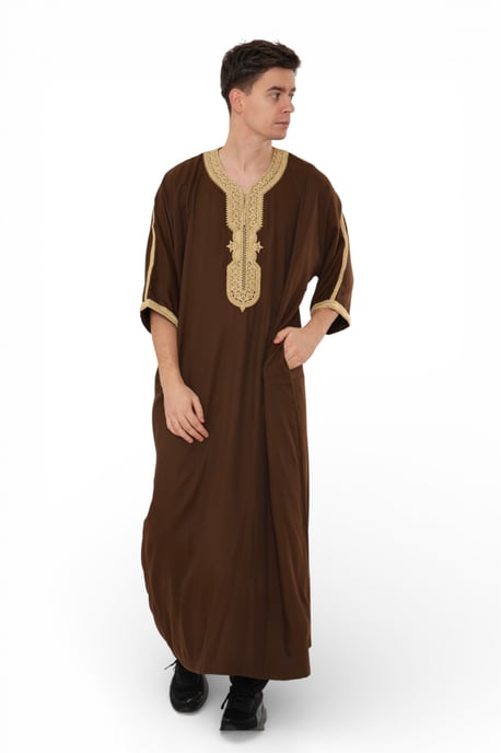 Men's Ramadan Brown Moroccan Thobe Robe Djellaba Gandoura Eid Jubba- HM67 - Image 2