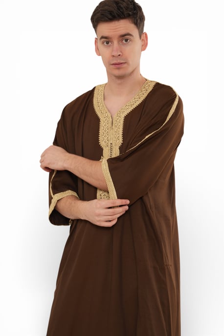 Men's Ramadan Brown Moroccan Thobe Robe Djellaba Gandoura Eid Jubba- HM67 - Image 5
