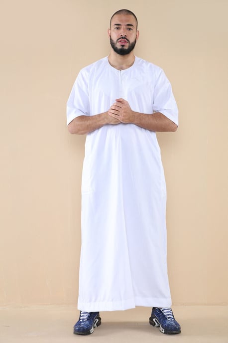 Mens White Thobe Jubba Islamic Arab Moroccan Saudi Zipped Kaftan Arab Robe - Image 1