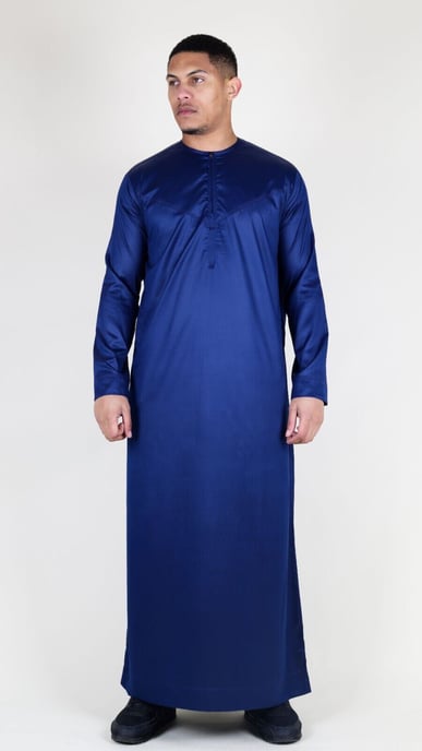 Marinblå Thobe-morgonrock i satin för män, emiratisk islamisk Jubba Eid, smal passform - Image 1