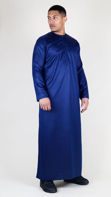 Marinblå Thobe-morgonrock i satin för män, emiratisk islamisk Jubba Eid, smal passform - Image 2