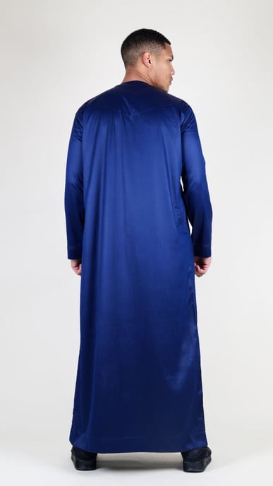 Marinblå Thobe-morgonrock i satin för män, emiratisk islamisk Jubba Eid, smal passform - Image 3