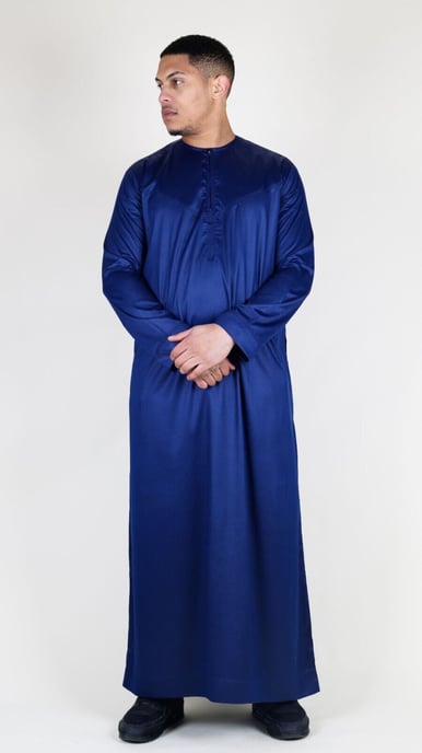 Marinblå Thobe-morgonrock i satin för män, emiratisk islamisk Jubba Eid, smal passform - Image 4