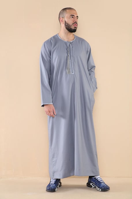 Mens Grey Thobe Jubba Saudi Islamic Arab Eid Emirati Kaftan Jubbah Tassel Robe - Image 2