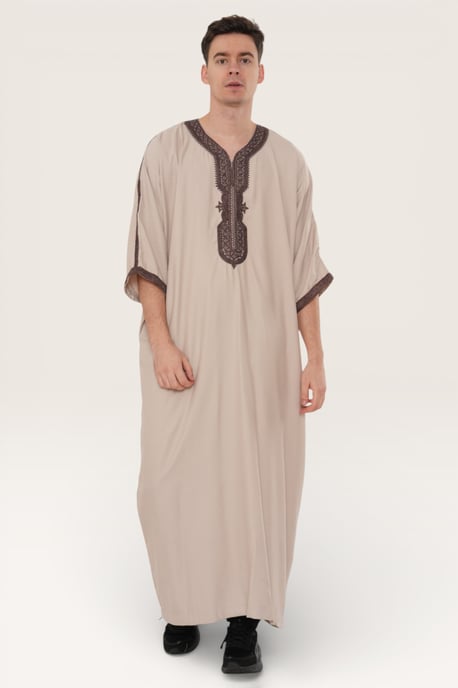 Mens Beige Moroccan Thobe Robe Djellaba Gandoura Eid Jubba LFS-HM66 - Image 3