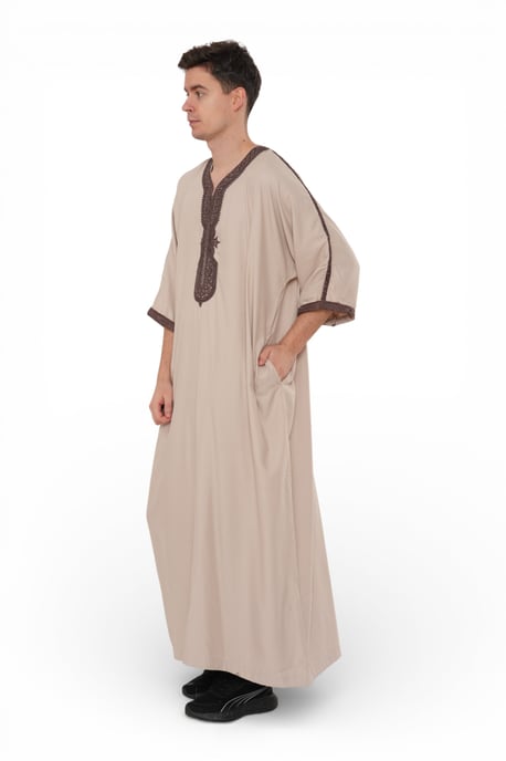 Mens Beige Moroccan Thobe Robe Djellaba Gandoura Eid Jubba LFS-HM66 - Image 4