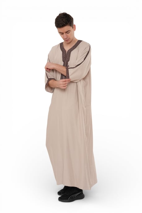 Mens Beige Moroccan Thobe Robe Djellaba Gandoura Eid Jubba LFS-HM66 - Image 5