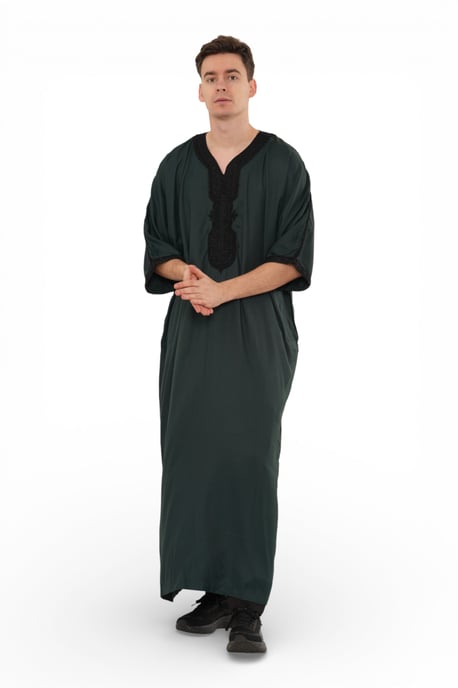 Men's Green Black Moroccan Thobe Jubba Robe Eid Djellaba Gandoura - Image 2