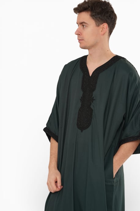 Men's Green Black Moroccan Thobe Jubba Robe Eid Djellaba Gandoura - Image 5