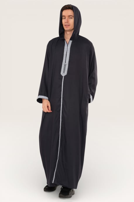 Men's Eid Grey Hooded Moroccan Thobe Robe Djellaba Ramadan Jubba- HM3 - Image 2