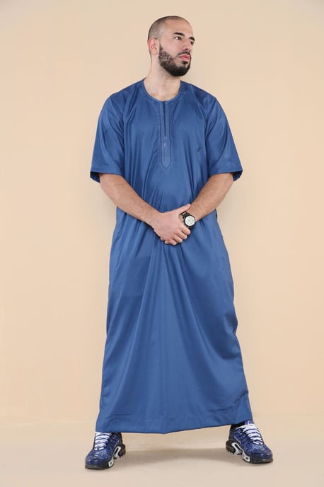 Mens Blue Thobe Jubba Islamic Arab Moroccan Saudi Zipped Kaftan Arab Robe - Image 1