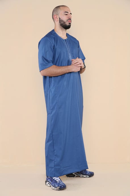 Mens Blue Thobe Jubba Islamic Arab Moroccan Saudi Zipped Kaftan Arab Robe - Image 2