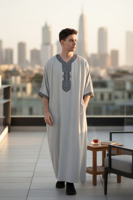 Heren grijze Marokkaanse Thobe gewaad Eid Djellaba Gandoura Jubba LFS-HM65 - Image 1