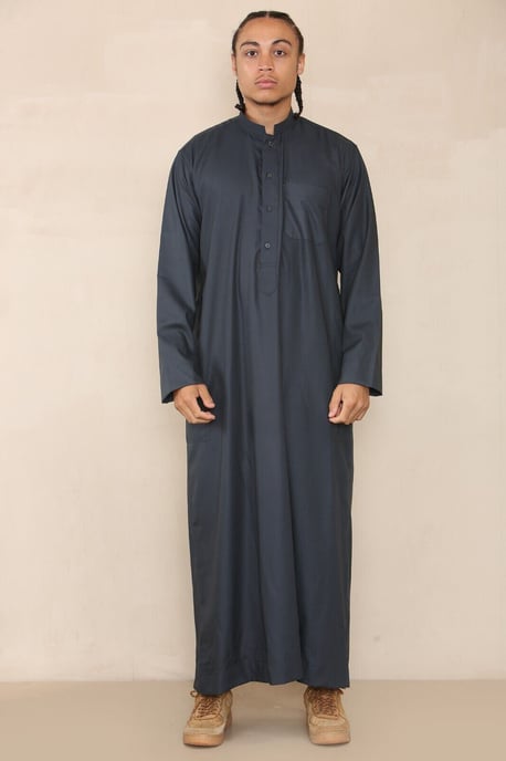 Mens Grey Thobe Jubba Saudi Islamic Arabic Eid Cotton Kaftan Jubbah Umrah Robe - Image 1