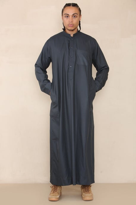 Mens Grey Thobe Jubba Saudi Islamic Arabic Eid Cotton Kaftan Jubbah Umrah Robe - Image 2