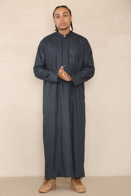 Mens Grey Thobe Jubba Saudi Islamic Arabic Eid Cotton Kaftan Jubbah Umrah Robe - Image 3