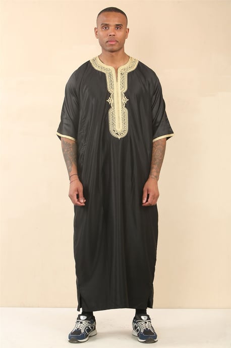 Men's Black Gold Moroccan Thobe Djellaba Jubba Robe Eid - Image 1
