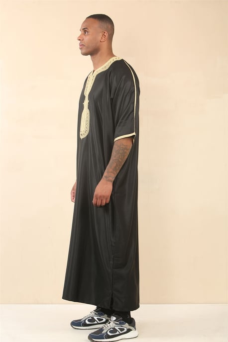 Men's Black Gold Moroccan Thobe Djellaba Jubba Robe Eid - Image 2