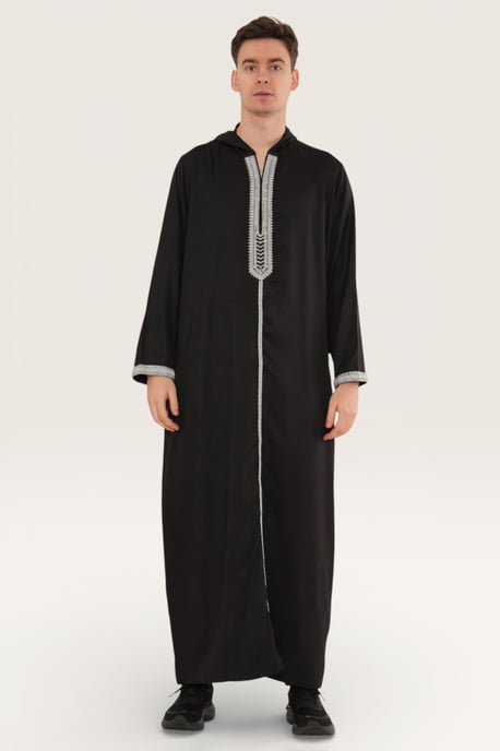 Mens Black Eid Hooded Moroccan Thobe Robe Djellaba Gandoura Ramadan Jubba LFS- HM3 - Image 2