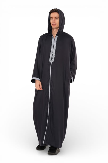 Men's Eid Navy Blue Hooded Moroccan Thobe Robe Djellaba Ramadan Jubba- HM3 - Image 2