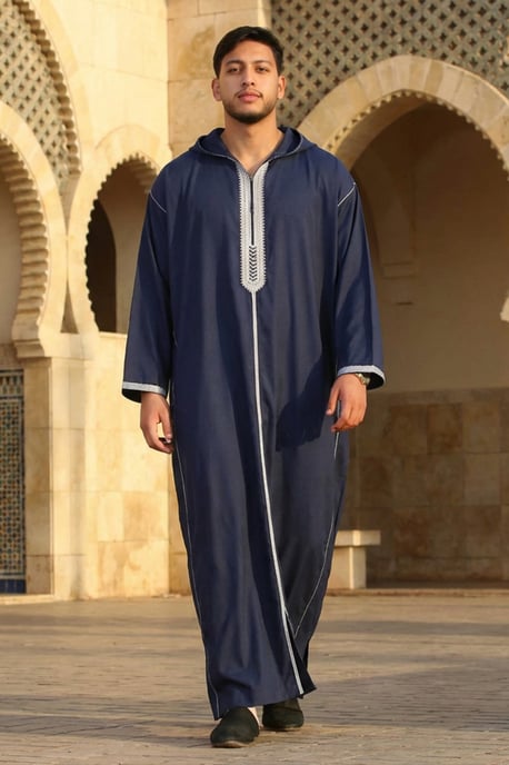 Men's Eid Navy Blue Hooded Moroccan Thobe Robe Djellaba Ramadan Jubba- HM3 - Image 5