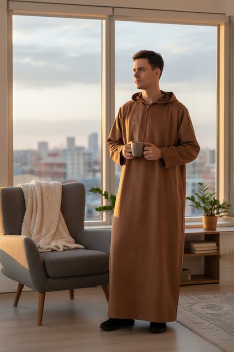 Heren bruine Eid Marokkaanse Jubba Robe Ramadan Eid Thobe LFS met capuchon - HM12 - Image 1