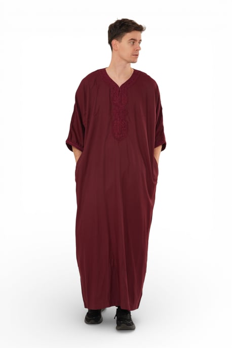 Men's Wine Red Moroccan Thobe Jubba Robe Eid Djellaba Gandoura - HM62 - Image 2