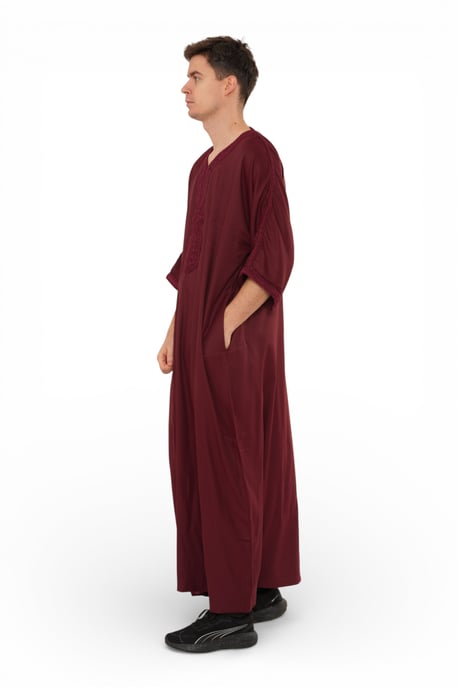 Men's Wine Red Moroccan Thobe Jubba Robe Eid Djellaba Gandoura - HM62 - Image 4