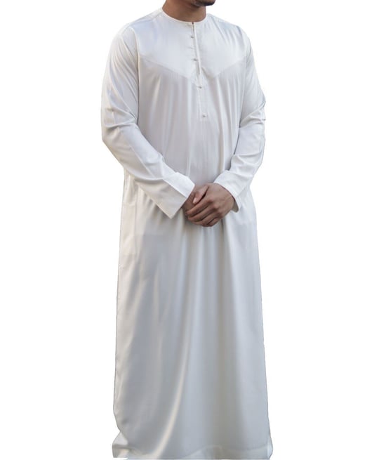 Men's Cream Beige Thobe Robe Satin Emirati Islamic Jubba Eid Slim Fit - Image 1