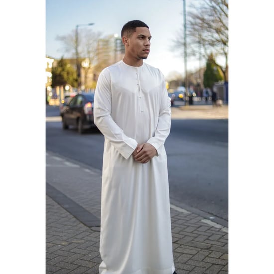Men's Cream Beige Thobe Robe Satin Emirati Islamic Jubba Eid Slim Fit - Image 2