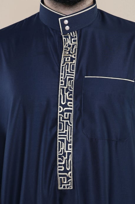 Män Navy Thobe Jubba Emirati Islamiska Arabiska Eid Broderi Kaftan Jubbah Robe - Image 3