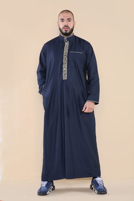 Män Navy Thobe Jubba Emirati Islamiska Arabiska Eid Broderi Kaftan Jubbah Robe - Image 5