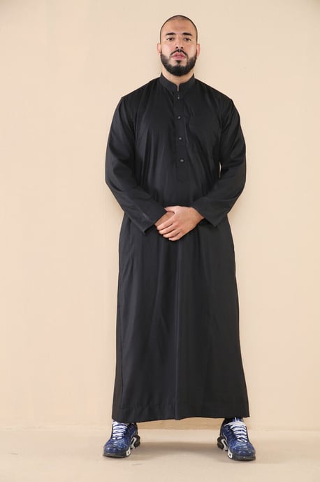 Mens Black Thobe Jubba Saudi Islamic Arabic Eid Cotton Kaftan Jubbah Umrah Robe - Image 1