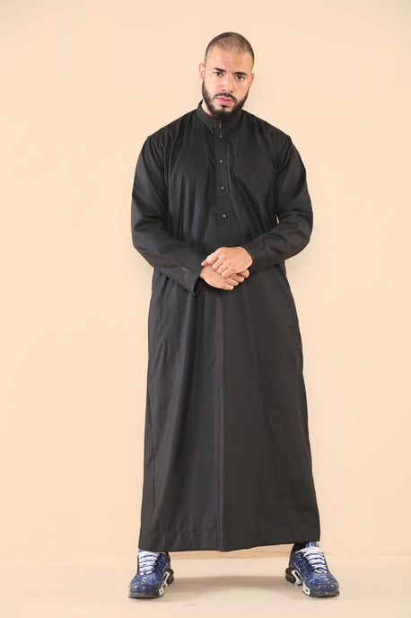 Mens Black Thobe Jubba Saudi Islamic Arabic Eid Cotton Kaftan Jubbah Umrah Robe - Image 2