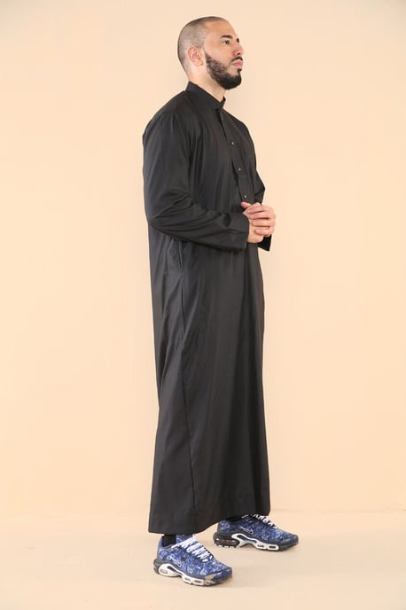 Mens Black Thobe Jubba Saudi Islamic Arabic Eid Cotton Kaftan Jubbah Umrah Robe - Image 3