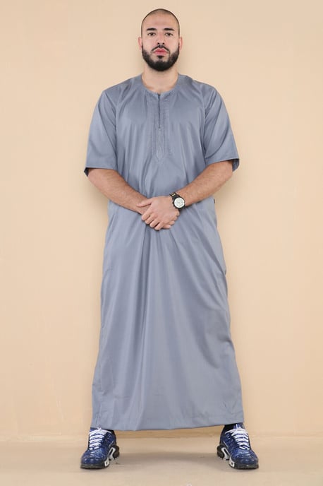 Mens Grå Thobe Jubba Islamisk Arab Marockansk Saudi Kaftan Arab Robe med dragkedja - Image 1