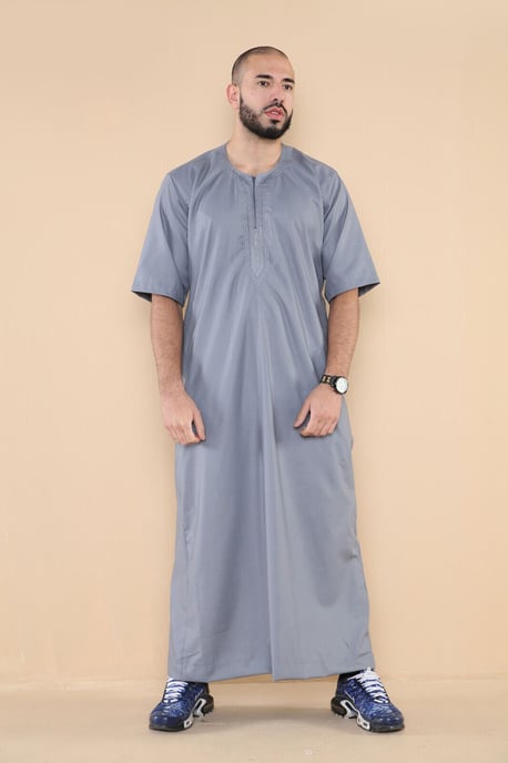 Mens Grå Thobe Jubba Islamisk Arab Marockansk Saudi Kaftan Arab Robe med dragkedja - Image 2