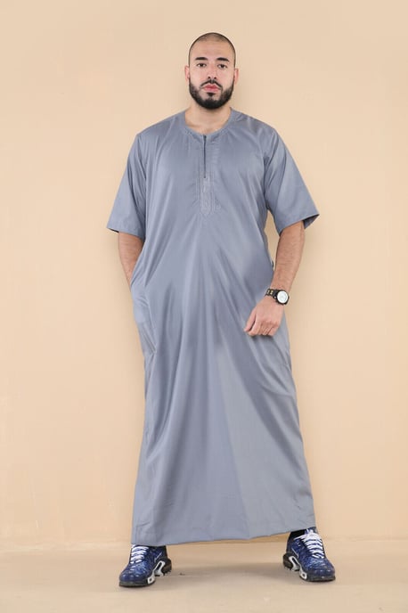 Mens Grå Thobe Jubba Islamisk Arab Marockansk Saudi Kaftan Arab Robe med dragkedja - Image 4