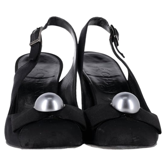 Chanel Bow Pearl Embellished Slingback Pumps in Black Satin - Image 2