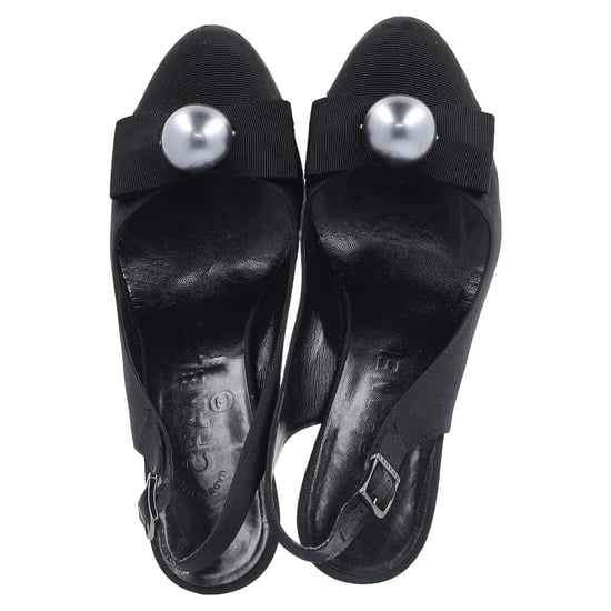 Chanel Bow Pearl Embellished Slingback Pumps in Black Satin - Image 3