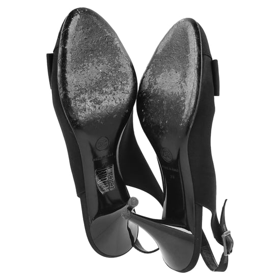 Chanel Bow Pearl Embellished Slingback Pumps in Black Satin - Image 6