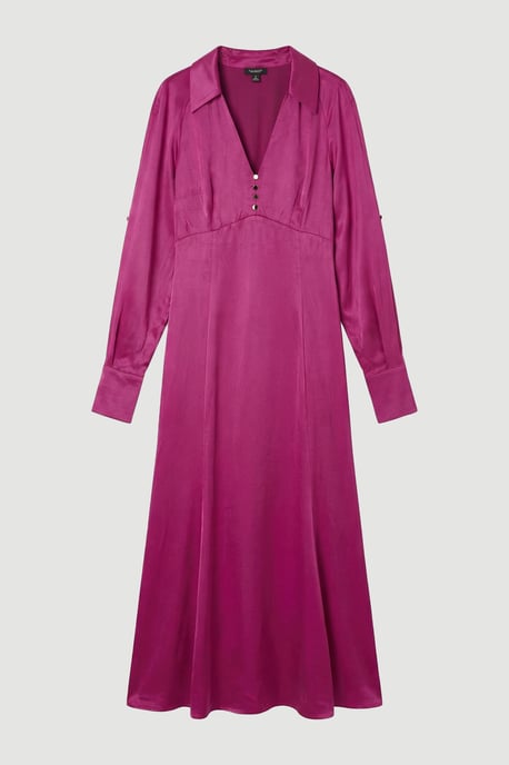 Viscose Satin V Neck Long Sleeve Woven Midi Dress - Image 4