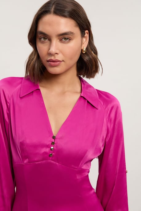 Viscose Satin V Neck Long Sleeve Woven Midi Dress - Image 5