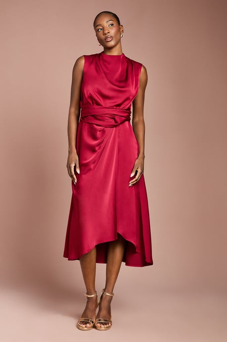 Satin Midi Dress With Twist Waist - Image 1