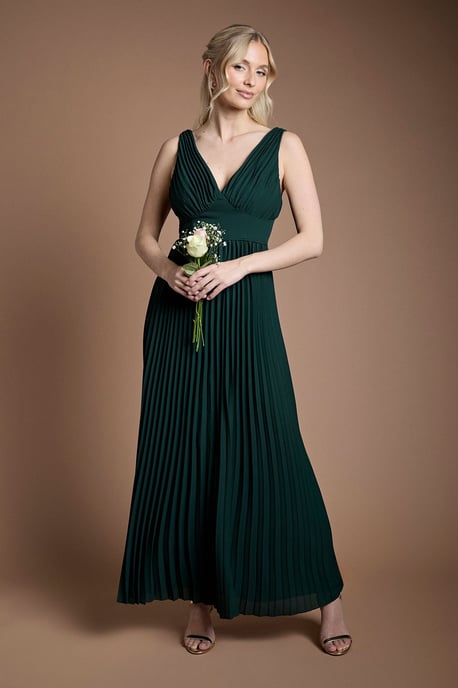 Pleated Plunge Neck Maxi Bridesmaid Dress - Image 1