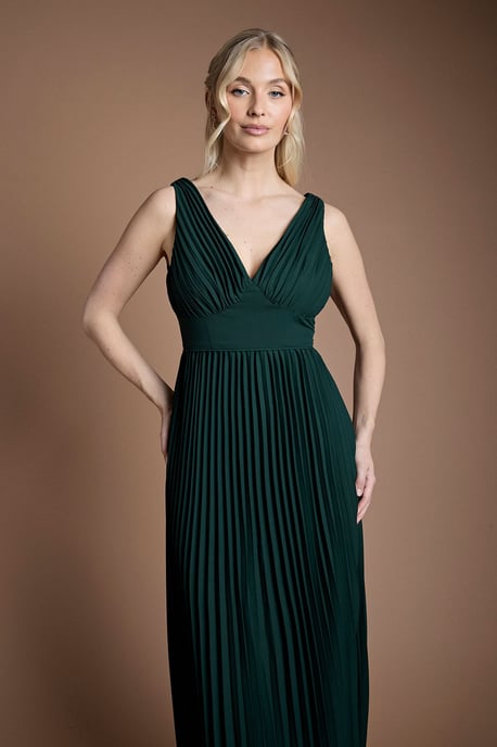 Pleated Plunge Neck Maxi Bridesmaid Dress - Image 2