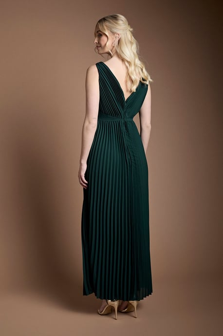 Pleated Plunge Neck Maxi Bridesmaid Dress - Image 3