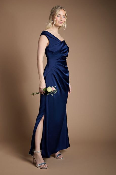 Satin Bardot Bridesmaid Maxi Dress with Waist Ruching Detail - Image 1