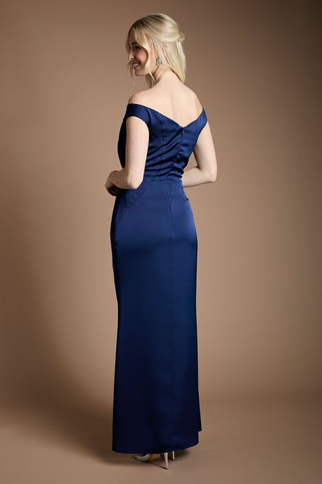Satin Bardot Bridesmaid Maxi Dress with Waist Ruching Detail - Image 3