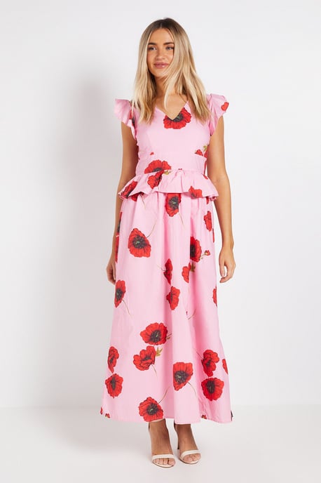 DP Luxe Peplum Frill Detail V Neck Printed Maxi Dress - Image 1
